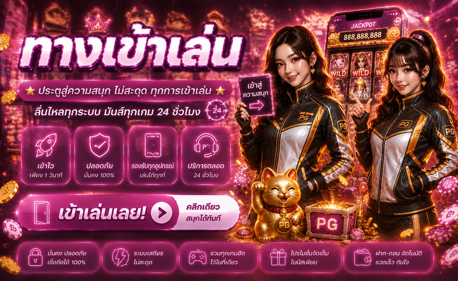 แบนเนอร์ทางเข้า ALLSLOT WALLET พร้อมตัวละครเกมและเมนูใช้งาน